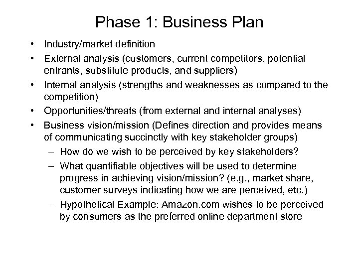 Phase 1: Business Plan • Industry/market definition • External analysis (customers, current competitors, potential