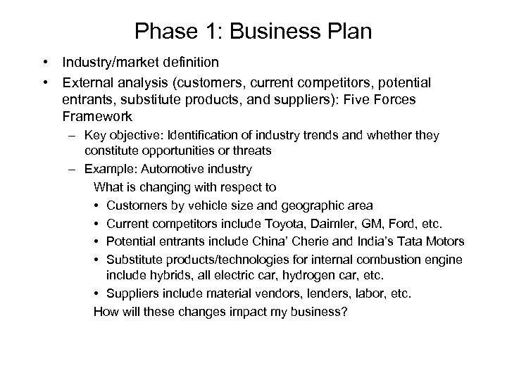 Phase 1: Business Plan • Industry/market definition • External analysis (customers, current competitors, potential