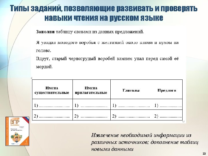 Типы заданий, позволяющие развивать и проверять навыки чтения на русском языке Извлечение необходимой информации