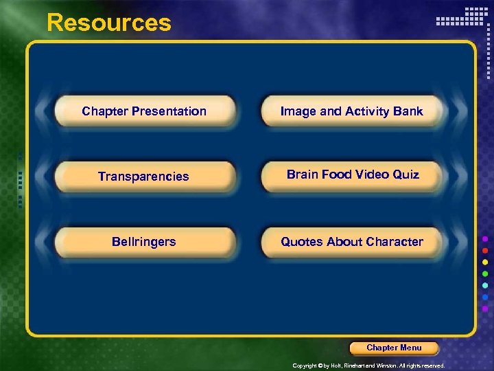 Resources Chapter Presentation Image and Activity Bank Transparencies Brain Food Video Quiz Bellringers Quotes