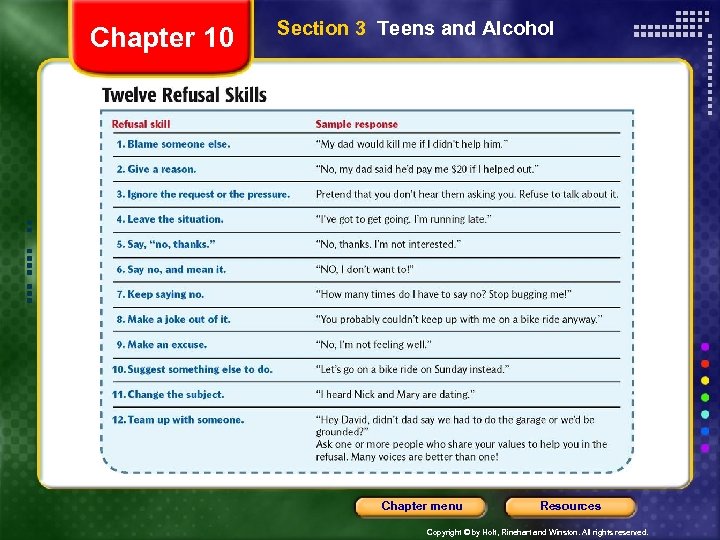 Chapter 10 Section 3 Teens and Alcohol Chapter menu Resources Copyright © by Holt,