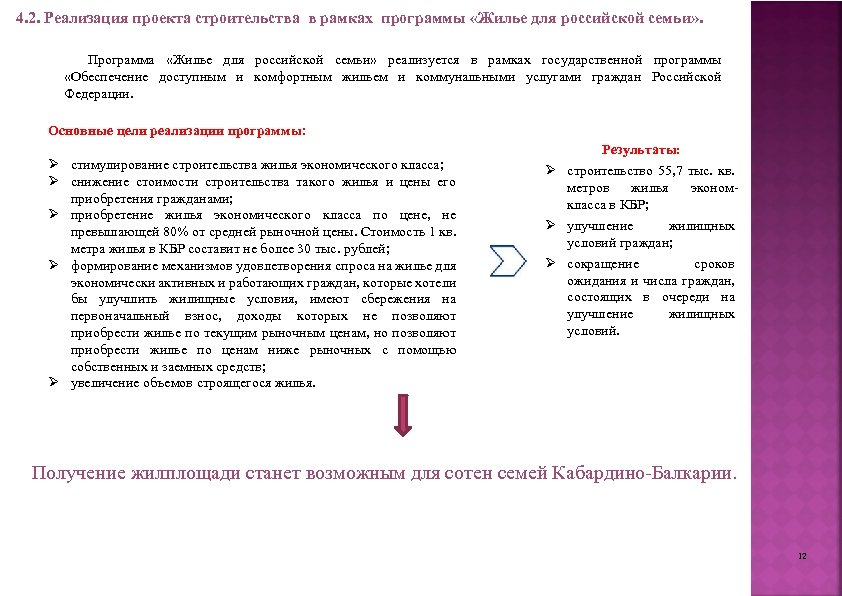 4. 2. Реализация проекта строительства в рамках программы «Жилье для российской семьи» . Программа