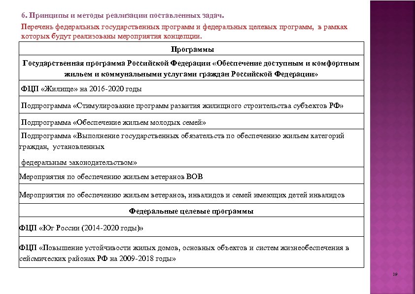6. Принципы и методы реализации поставленных задач. Перечень федеральных государственных программ и федеральных целевых