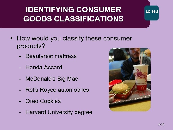 IDENTIFYING CONSUMER GOODS CLASSIFICATIONS LO 14 -2 • How would you classify these consumer