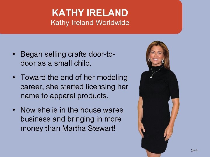 KATHY IRELAND Kathy Ireland Worldwide • Began selling crafts door-todoor as a small child.