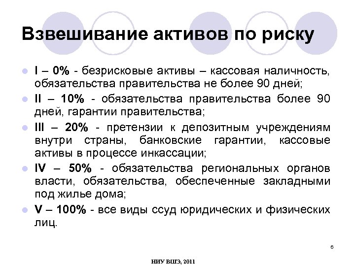 Взвешивание активов по риску l l l I – 0% - безрисковые активы –