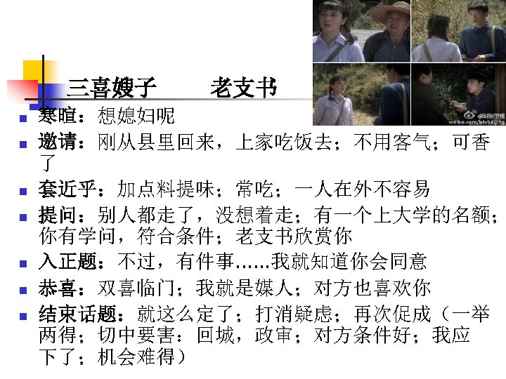 三喜嫂子 n n n n 老支书 寒暄：想媳妇呢 邀请：刚从县里回来，上家吃饭去；不用客气；可香 了 套近乎：加点料提味；常吃；一人在外不容易 提问：别人都走了，没想着走；有一个上大学的名额； 你有学问，符合条件；老支书欣赏你 入正题：不过，有件事. .