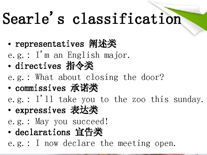 Searle's classification • representatives 阐述类 e. g. : I'm an English major. • directives