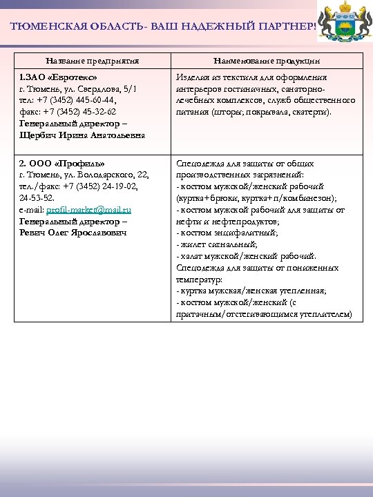 ТЮМЕНСКАЯ ОБЛАСТЬ- ВАШ НАДЕЖНЫЙ ПАРТНЕР! Название предприятия Наименование продукции 1. ЗАО «Евротекс» г. Тюмень,