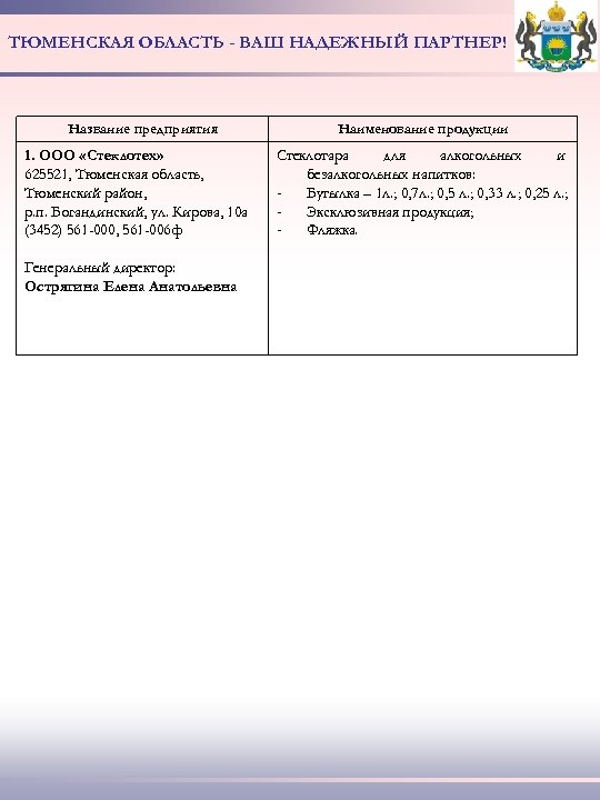 ТЮМЕНСКАЯ ОБЛАСТЬ - ВАШ НАДЕЖНЫЙ ПАРТНЕР! Название предприятия 1. ООО «Стеклотех» 625521, Тюменская область,