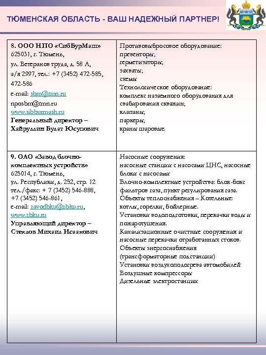 ТЮМЕНСКАЯ ОБЛАСТЬ - ВАШ НАДЕЖНЫЙ ПАРТНЕР! 8. ООО НПО «Сиб. Бур. Маш» 625031, г.