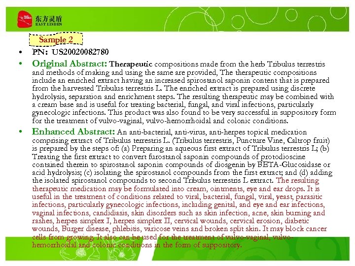  • Sample 2 PN: US 20020082780 • Original Abstract: Therapeutic compositions made from