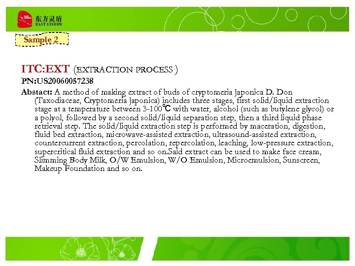 Sample 2 ITC: EXT (EXTRACTION PROCESS ) PN: US 20060057238 Abstact: A method of