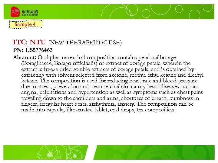 Sample 4 ITC: NTU (NEW THERAPEUTIC USE) PN: US 5776463 Abstract: Oral pharmaceutical composition