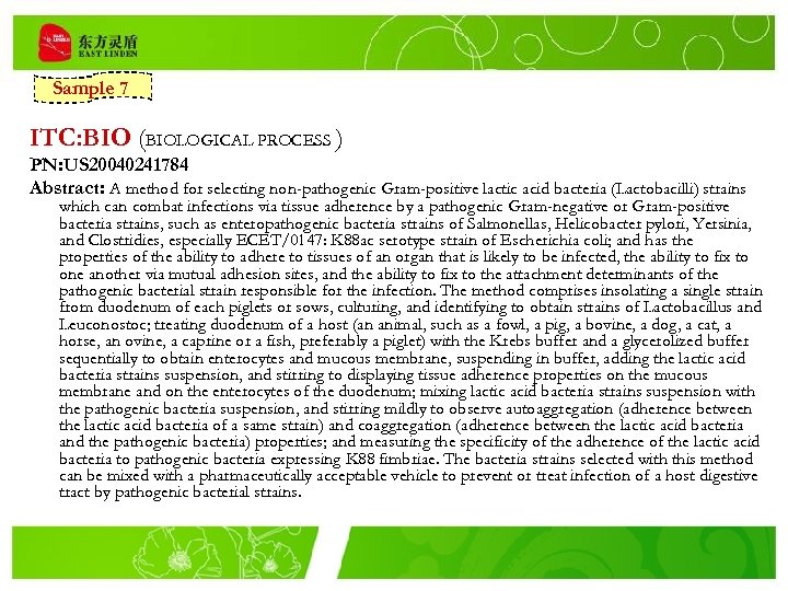 Sample 7 ITC: BIO (BIOLOGICAL PROCESS ) PN: US 20040241784 Abstract: A method for