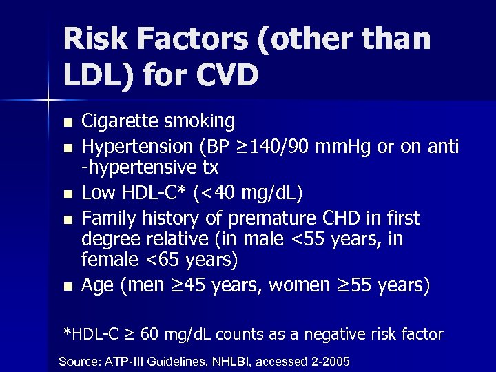 Risk Factors (other than LDL) for CVD n n n Cigarette smoking Hypertension (BP