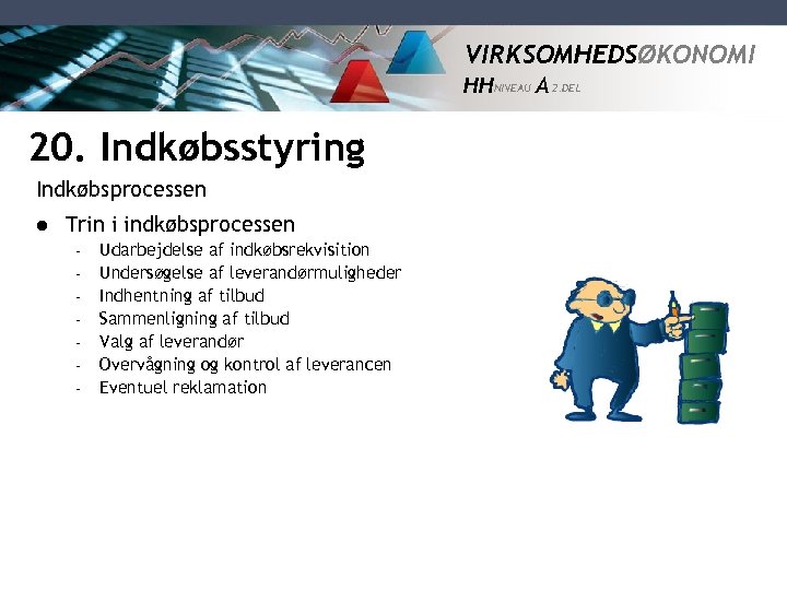 VIRKSOMHEDSØKONOMI HH NIVEAU A 2. DEL 20. Indkøbsstyring Indkøbsprocessen l Trin i indkøbsprocessen –