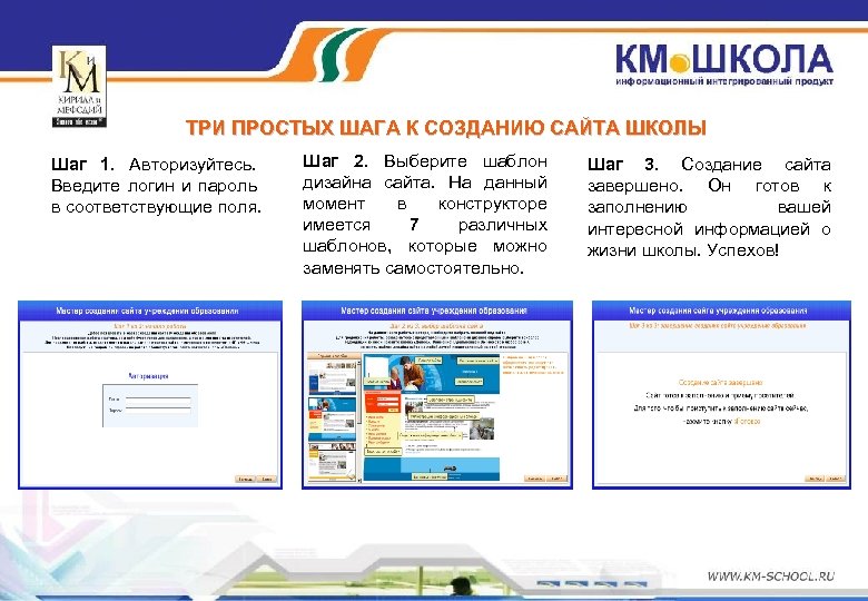 ТРИ ПРОСТЫХ ШАГА К СОЗДАНИЮ САЙТА ШКОЛЫ Шаг 1. Авторизуйтесь. Введите логин и пароль