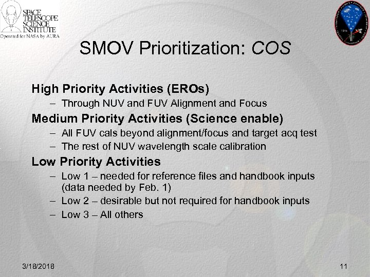 SMOV Prioritization: COS High Priority Activities (EROs) – Through NUV and FUV Alignment and