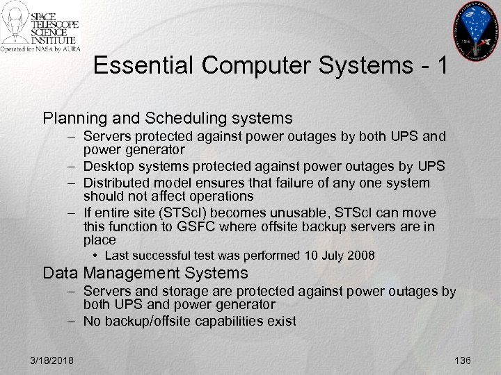 Essential Computer Systems - 1 Planning and Scheduling systems – Servers protected against power
