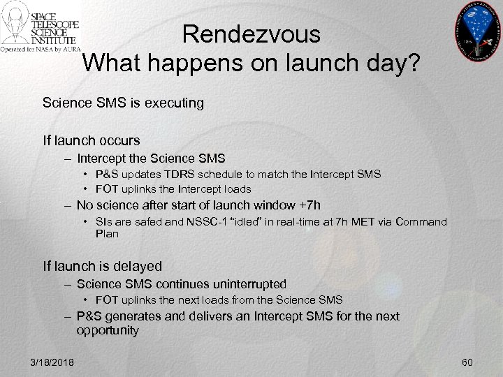 Rendezvous What happens on launch day? Science SMS is executing If launch occurs –