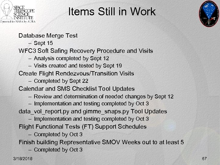 Items Still in Work Database Merge Test – Sept 15 WFC 3 Soft Safing