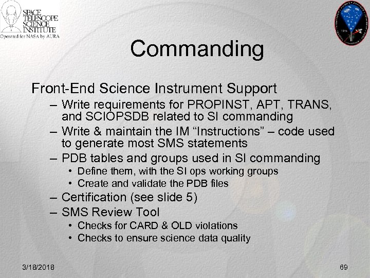 Commanding Front-End Science Instrument Support – Write requirements for PROPINST, APT, TRANS, and SCIOPSDB