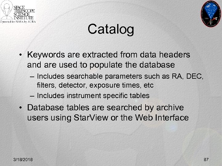 Catalog • Keywords are extracted from data headers and are used to populate the