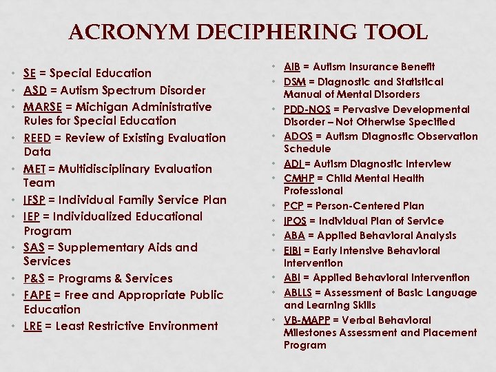 ACRONYM DECIPHERING TOOL • SE = Special Education • ASD = Autism Spectrum Disorder
