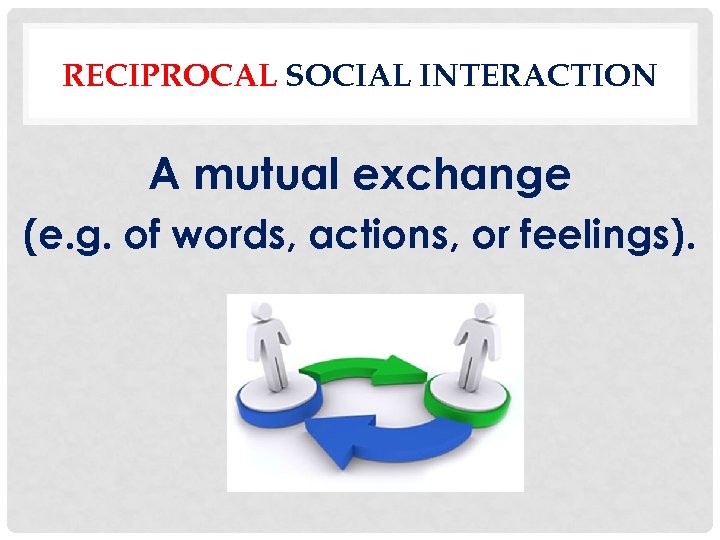 RECIPROCAL SOCIAL INTERACTION A mutual exchange (e. g. of words, actions, or feelings). 
