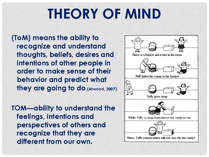 THEORY OF MIND (To. M) means the ability to recognize and understand thoughts, beliefs,