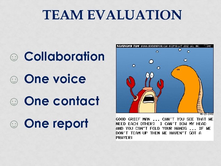 TEAM EVALUATION ☺ Collaboration ☺ One voice ☺ One contact ☺ One report 