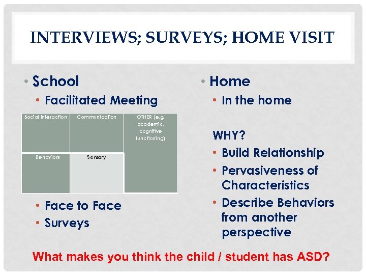 INTERVIEWS; SURVEYS; HOME VISIT • School • Home • Facilitated Meeting Social Interaction Communication