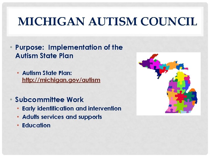 MICHIGAN AUTISM COUNCIL • Purpose: Implementation of the Autism State Plan • Autism State