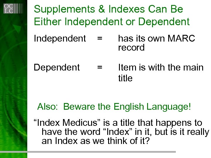Supplements & Indexes Can Be Either Independent or Dependent Independent = has its own