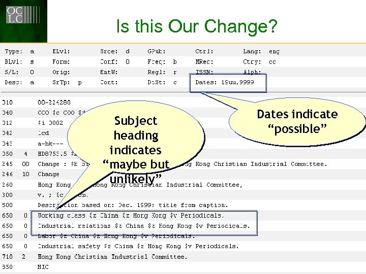 Is this Our Change? Subject heading indicates “maybe but unlikely” Dates indicate “possible” 