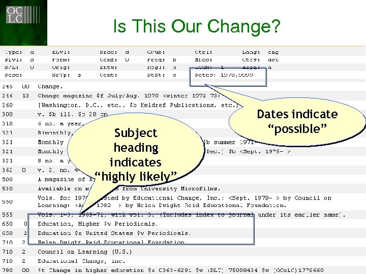 Is This Our Change? Subject heading indicates “highly likely” Dates indicate “possible” 