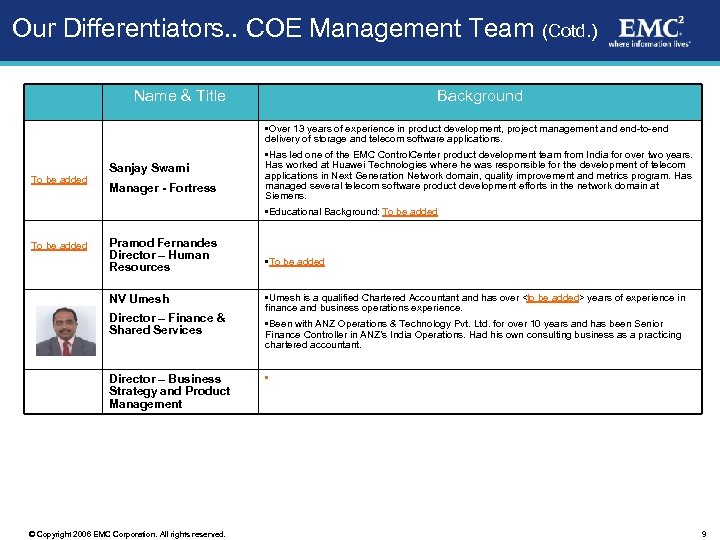 Our Differentiators. . COE Management Team (Cotd. ) Name & Title Background • Over