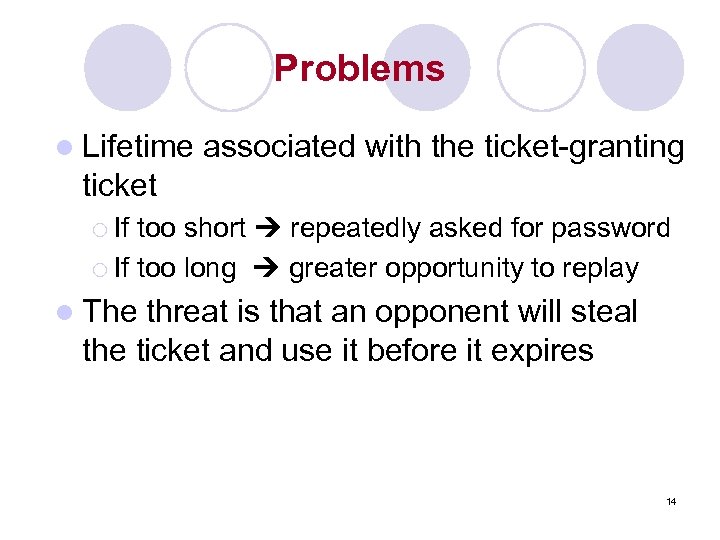 Problems l Lifetime associated with the ticket-granting ticket too short repeatedly asked for password
