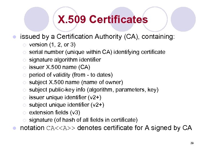 X. 509 Certificates l issued by a Certification Authority (CA), containing: ¡ ¡ ¡