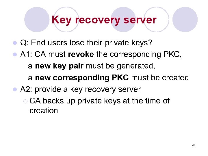 Key recovery server Q: End users lose their private keys? l A 1: CA
