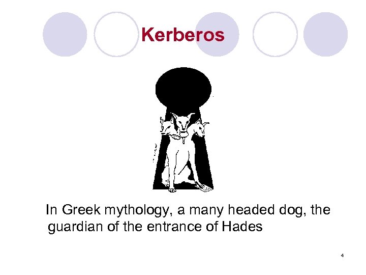 Kerberos In Greek mythology, a many headed dog, the guardian of the entrance of