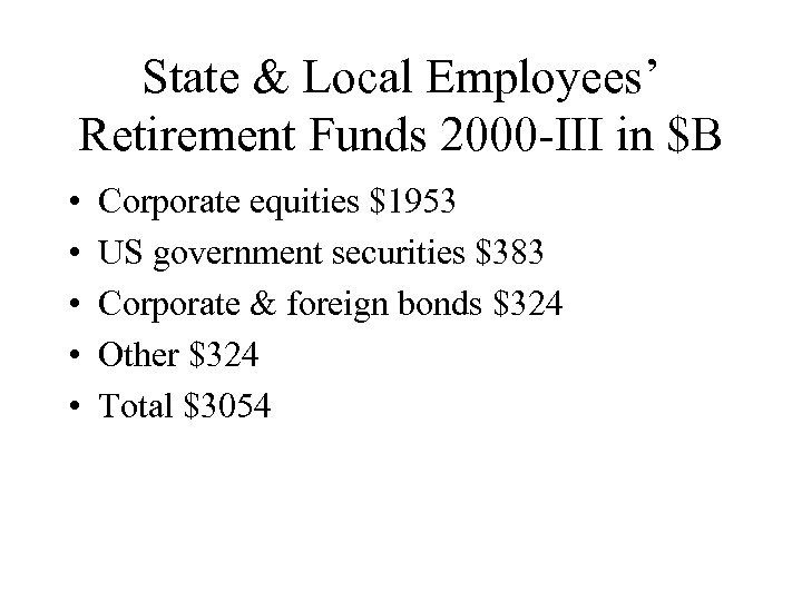 State & Local Employees’ Retirement Funds 2000 -III in $B • • • Corporate