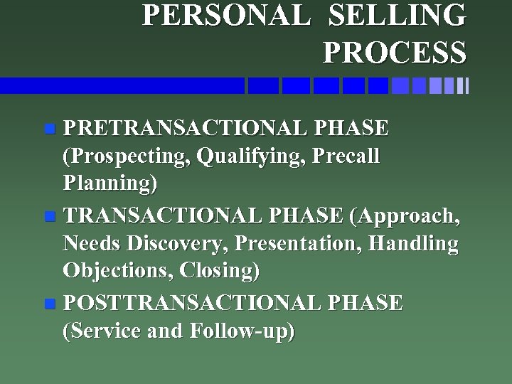 PERSONAL SELLING PROCESS PRETRANSACTIONAL PHASE (Prospecting, Qualifying, Precall Planning) n TRANSACTIONAL PHASE (Approach, Needs