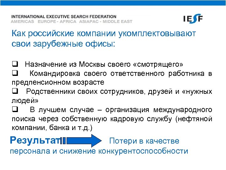 Как российские компании укомплектовывают свои зарубежные офисы: q Назначение из Москвы своего «смотрящего» q