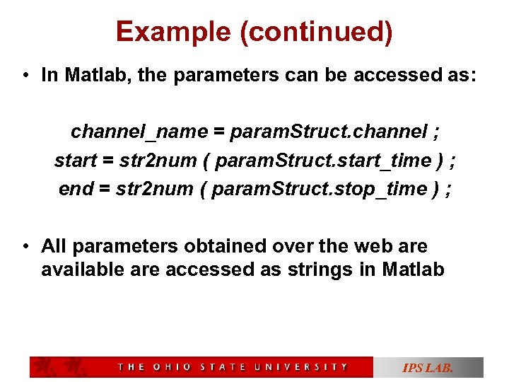 Example (continued) • In Matlab, the parameters can be accessed as: channel_name = param.