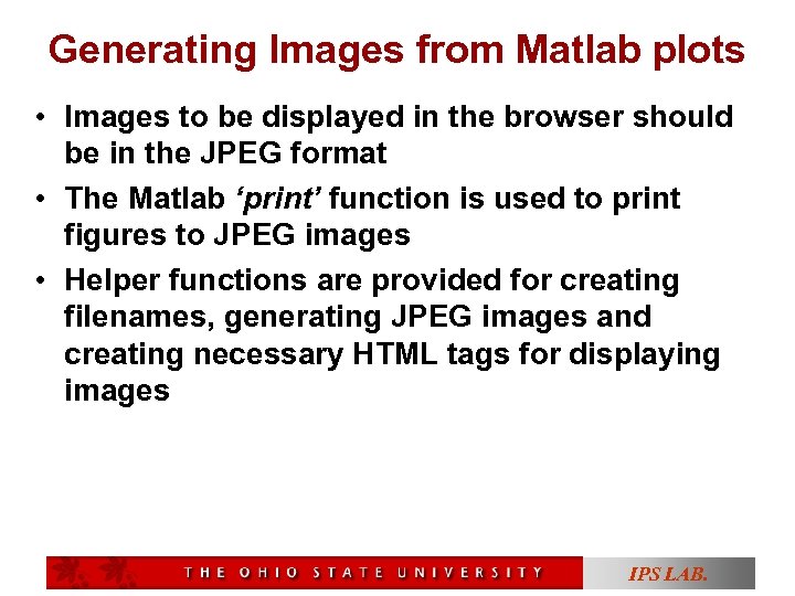 Generating Images from Matlab plots • Images to be displayed in the browser should