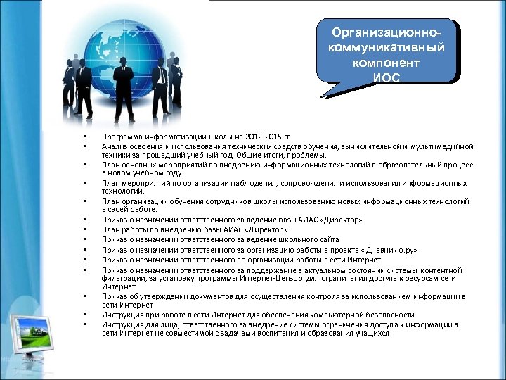 Организационнокоммуникативный компонент ИОС • • • • Программа информатизации школы на 2012 -2015 гг.