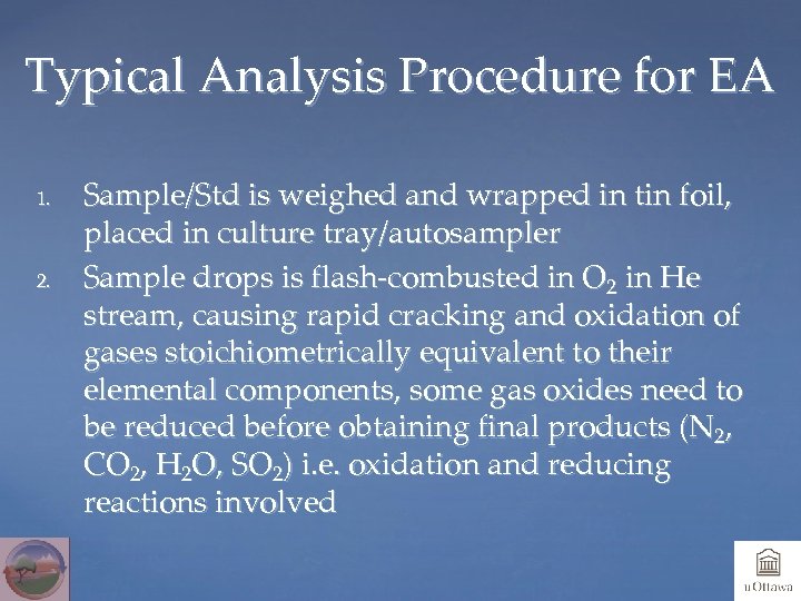 Typical Analysis Procedure for EA 1. 2. Sample/Std is weighed and wrapped in tin