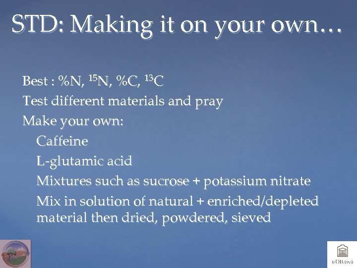 STD: Making it on your own… Best : %N, 15 N, %C, 13 C